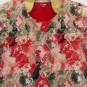 Kim Rogers Woman 3X Blouse Red Geometric Floral Chiffon Layered Hem Short Sleeve